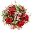 Against a perfectly white backdrop, this lush, expertly arranged bouquet from Flowers New Barnet forms a generous, rounded dome of rich colour and texture, like a living centerpiece viewed from directly above a table in a New Barnet townhouse. At its heart are several sumptuous deep red roses, velvety and full, their petals unfolding in tight whorls that speak of lasting romance and passion. Some of the roses are fully open, revealing complex layers that almost seem to spiral endlessly inward, while others are slightly more cupped, suggesting buds on the brink of full bloom. Threaded amongst these opulent blooms are airy sprays of pale pink waxflower, each tiny star-shaped blossom clustered closely along fine stems, every flower with a soft yellow centre that adds a hint of sunshine. These delicate accents lift the intensity of the crimson, providing a gentle, playful contrast reminiscent of early spring blossom around New Barnet's residential gardens.
Supporting the flowers is a rich underlay of green foliage in varied shapes and tones, from smooth, rounded leaves in fresh grassy green to more elongated leaves in deeper emerald shades. The greenery looks crisp and hydrated, as though it has just been conditioned in a local New Barnet flower shop. Among the greens, distinctive burgundy and bronzed leaves weave through the bouquet, some with subtle reddish-brown veining. These darker accents lend the arrangement a sophisticated, slightly autumnal nuance, much like the turning leaves seen on a stroll toward Oakhill Park. Tucked discreetly between the larger elements are smaller, darker red blooms-akin to alstroemeria or small bell-shaped flowers-that echo the roses' passion while adding another layer of texture. The bouquet is tightly composed into a full-bodied, circular shape, conveying a sense of generosity and luxury ideal for anniversaries, romantic gestures, or festive table décor. At the base, barely visible, a red and white patterned tag or ribbon peeks out, hinting that this is a carefully wrapped gift, ready for same-day delivery to homes and venues throughout New Barnet.