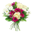 The photograph captures a rounded, hand-tied bouquet of white roses and chrysanthemums with striking magenta accents, set against a pure white background that allows every flower and leaf to stand out crisply, as if freshly finished on a New Barnet workbench. In the middle, creamy white roses are fully open, their petals layered in graceful spirals, silky to the eye and suggesting a soft, comforting touch. Around them, clusters of white spray chrysanthemums extend the palette of gentle neutrals; each small bloom is composed of many slender, radiating petals surrounding a subtle greenish-yellow centre, giving the bouquet an airy, uplifting feel. Weaving through these whites, deep magenta and fuchsia spray chrysanthemums introduce bold splashes of colour, their tightly packed petals rich and velvety, forming little cushions that create a vivid contrast, much like colourful floral displays seen along East Barnet Road or near King George's Fields. The bouquet is embraced by glossy dark green foliage, the leaves slightly pointed and overlapping to give fullness, structure, and a sense of natural abundance. All stems are drawn together and neatly tied at the base, confirming this is a professional hand-tied arrangement, easy to place straight into a vase in a New Barnet living room or office. The light is bright and even, with no distractions, so the interplay of creamy roses, crisp white chrysanthemums, and jewel-toned magenta blooms feels calm yet celebratory. This bouquet conveys affection, appreciation, and gentle joy, making it well suited for birthdays, anniversaries, get-well wishes, or simply adding a touch of floral elegance to everyday life across New Barnet.