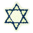 A large, flat Star of David floral tribute is shown head-on, filling the image with its calm symmetry and rich texture. The star sits alone against a plain white background, so every detail of the tribute is easy to picture: a thick, velvety border of white chrysanthemums tracing each of the six points, like a soft frame around a sacred symbol. The centre of the arrangement is a compact white hexagon, perfectly formed from tightly clustered, small-petalled blooms that create a smooth, cushion-like surface. Surrounding this core, deep navy to indigo flowers flow outwards into six strong triangles that complete the points of the star, their intense colour deepening the overall mood and underscoring the sense of reverence. Just where each blue triangle meets the centre, a smaller inverted triangle of white flowers is set into the design, adding a subtle, repeating pattern of white against blue that draws the eye gently around the star. The tribute feels substantial yet tender, with no visible greenery or distractions-only the interplay of pure white and sombre blue petals. It is easy to imagine this piece resting by a coffin, on an easel, or beside a memorial candle at a Jewish funeral or shiva home in New Barnet, perhaps in a quiet street off the High Road or near local synagogues. The arrangement speaks of heritage, remembrance, and carefully considered craftsmanship, created to convey respect and comfort to grieving families in the community.