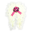 A beautifully composed angel wing funeral tribute is displayed against an all-white background, allowing every soft curve and texture to stand out clearly. The wings themselves are formed from a dense bed of small white flowers, probably chrysanthemums or spray carnations, each blossom placed so close that they create a seamless, cloud-like surface. The shape of the wings gently arcs upward and outward, suggesting protection, comfort, and the idea of a loved one being carried gently onward. Along the outer edges, a trim of fluffy white feathers is carefully arranged, the fine strands slightly tousled, echoing the natural movement of real wings and adding a distinct, ethereal softness. At the centre where the two wings meet, a small, rounded cluster of dark purple petals and foliage provides a deep, velvety background, bringing a sense of depth and quiet reflection to the design. Sitting proudly on this darker mound is a vivid fuchsia satin ribbon bow, its wide loops luxurious and glossy, with tapered streamers that spill gently down over the white flowers. Cradled in the very heart of the bow is a single, delicate blush-pink rosebud, representing tenderness, innocence, and heartfelt remembrance. The overall impression is calm, reverent, and full of love, making this piece suitable for funerals, church services, or cremations held in and around New Barnet. Imagined resting beside a coffin or on a memorial table in a local chapel, this angel wing arrangement offers a comforting visual message of purity, guardianship, and eternal peace for families saying their final farewell.