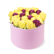 From Flowers New Barnet, this round pastel pink gift box cradles a vibrant, elegant bouquet that speaks of modern yet timeless luxury. The box's soft, matte finish provides a gentle contrast to the dense dome of blooms it contains, with a generous cluster of sun-bright yellow roses forming the heart of the arrangement. Interspersed among these cheerful blooms are deep burgundy or purple roses, their velvety tones adding a sophisticated counterpoint and a sense of depth to the composition. The roses are packed tightly, rising slightly above the rim to convey abundance, while the pristine white backdrop makes every petal glow as if lit from within. The overall mood is celebratory but refined, a statement piece that feels crafted for a special moment and set to delight anyone who receives it.Locally in New Barnet, this design is a quintessential luxury flower delivery choice, ideal for birthdays, anniversaries, or a heartfelt gesture to say you're thinking of someone special. It's the kind of bouquet you'd place at the centre of a dining table or a console in a living room, where the sun-kissed yellows and regal purples can brighten the day and lift the room's mood. Freshness is the guiding star here, with careful handling to preserve the bloom life from the moment it's cut to the moment it lands at your door along EN4. Crafted with the same care you'd expect from Flowers New Barnet, the arrangement embodies warmth, friendship, and a touch of luxury-perfect for delivering a smile across town.