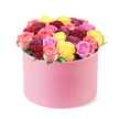 A luxurious and vibrant floral arrangement fills a soft pink, round box, presented on a white background. The dense mass of dozens of fresh roses rises in a domed crown, the colors gathering in a playful yet elegant spectrum: bright yellow, deep burgundy, soft coral pink, and cheerful fuchsia, all nestled closely together without visible greenery. This modern, sophisticated floral gift signifies celebration and premium quality, making it perfect for birthdays, anniversaries, Mother's Day, or as a thoughtful gesture. The image is a professional product shot, set against a clean white backdrop to highlight the box's velvety finish and the bouquet's vivid hues. In New Barnet, this distinctive rose box is a hallmark of careful design and local craft, available for same-day delivery across North London, including streets like High Street, Whetstone, and nearby neighbourhoods. The arrangement exudes a refined sense of occasion, inviting the recipient to pause and feel cherished. Its aroma of fresh roses mingles with a whisper of citrus and green notes, a subtle sensory cue that enhances the moment of arrival. Crafted with expertise by Flowers New Barnet, the presentation blends contemporary elegance with timeless romance, offering a versatile visual for features on luxury gifts, floral trends, or tips for selecting a striking multi-colour rose bouquet.