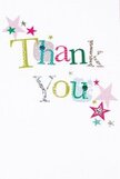 There's a gentle, infectious joy radiating from this thank you card, perfectly evoking the friendly spirit of New Barnet's neighbourhood cafes. The 'Thank You' message appears in a parade of lively colors-shining silver, bright yellow, zestful green, and hopeful blue-each letter touched by distinctive patterns like dots or soft stitches, reminiscent of lovingly handmade gifts at a local market. Scattered stars in hues of pink, teal, and silver orbit the words, lending a celebratory, even whimsical, energy. The pure white background offers a sense of calm spaciousness, allowing each textured element to breathe and shine. The whole composition feels as light and sincere as a spring afternoon among the cherry blossoms at Oak Hill Park. One can imagine receiving this card with a bouquet of sunflowers or tulips from a New Barnet florist, the gratitude and warmth shimmering off the page, making every moment of kindness feel brighter and more memorable.