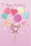 An illustrated birthday card scene unfolds like a soft daydream, the kind you might imagine while strolling through New Barnet on a bright spring morning. The background is a velvety blush pink, setting a calm, inviting stage for a floating bouquet of balloons and flowers. From the centre, pastel balloons rise gently as if tugged upward by a friendly breeze coming off the gardens near Station Road. Each balloon has its own charm: some swirl with candy-coloured stripes, others are dotted with playful polka spots, and one rests prominently as a heart-shaped symbol of affection. Their colours-creamy yellow, minty green, rose pink, and lavender-blend harmoniously, echoing the soft palette of a birthday bouquet freshly arranged by Flowers New Barnet. At the base of the design, a cluster of delicate blossoms anchors the composition. Petite roses and anemone-like flowers nestle together in ivory, blush, and muted mauve, their petals drawn with feathery softness that suggests a gentle, sweet fragrance in the air. The stems are neatly gathered and tied with a violet satin bow that glints where an imagined light source catches its smooth surface. Tiny stars and whimsical butterflies dance around the bouquet, like confetti and nature mingling in one joyful moment. The overall effect is light, whimsical, and quietly enchanting, as if this birthday greeting is poised to accompany a same-day flower delivery to a loved one in New Barnet, turning a simple wish into an airy celebration that feels as special as a bright, unforgettable morning.