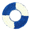 A lifebuoy-shaped funeral wreath dominates the image, its circular form set crisply against a spotless white background that lends an almost gallery-like stillness. The entire ring is densely planted with tiny, rounded blooms-likely chrysanthemums-pressed so close together that they create a plush, almost quilted surface. The colour pattern is immediately striking: the wreath is divided into four equal quadrants that alternate between a saturated royal blue and a clean, unblemished white. The blue sections occupy the top left and bottom right, their petals forming a deep, velvety field of colour, while the white segments at the top right and bottom left lend brightness and balance, like light glancing off calm water. Edging the inner circle is a narrow frill of dark blue ribbon, pleated into neat, repeating folds that suggest the careful handiwork of an experienced florist. This ribbon gently frames the hollow centre, which is left empty, signifying both loss and the idea of a gentle crossing. The overall impression is one of serene dignity with a distinctly nautical character, ideal for remembering someone whose life was tied to the sea, to lifeguarding, or to simply being a steady, dependable presence. In the context of New Barnet, it is easy to imagine this wreath being delivered from a local florist's studio to a quiet service near East Barnet Village or along the High Road, where family and friends gather to say goodbye. The cool blue and white palette embodies themes of safety, remembrance, and calm support, making this lifebuoy wreath a touching tribute in times of grief.