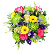 A vibrant mixed bouquet fills the frame against a pure white background, each element carefully designed to celebrate colour and texture, as if freshly arranged at Flowers New Barnet for same-day delivery. At its heart, hot pink roses with fine white tracing along their petal edges open in generous spirals, giving the piece a luxurious, uplifting focus. Around them, bright yellow gerbera daisies with dark brown centres stand like miniature suns, their broad petals radiating energy and warmth that calls to mind a sunny stroll through New Barnet's local streets. Nestled between these bold faces, lime green button chrysanthemums form domed, cushion-like clusters, adding a distinctive, almost plush texture that feels playful and modern. Dancing among these central blooms are soft lavender-blue aster-type flowers and deeper purple, bell-shaped lisianthus, which introduce cool, shadowy notes and visual depth, gently balancing the stronger hues. The bouquet is wrapped in a generous collar of greenery: broad leaves with a glossy sheen, fine fern-like fronds, and pieces of variegated foliage edged in pale cream or white, all contributing to a natural, garden-picked impression. Slender green buds and delicate shoots extend beyond the main cluster, suggesting movement and new life, as though the bouquet has just been gathered from a Barnet garden at first light. The lighting in the photograph is bright and even, with soft shadows that emphasise the contours of each petal and leaf. The overall mood is joyful yet thoughtful, making this arrangement ideal for birthdays, thank-you gestures, sympathy tributes, or simply brightening a home or office anywhere in and around New Barnet.