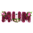A large, three-dimensional MUM floral tribute is displayed against a crisp white backdrop, the clean setting drawing the eye to the intricate workmanship of the design. Each of the three letters is lavishly coated with small, densely packed blooms in tones of deep pink, magenta, and purple, likely spray chrysanthemums, their lime-green centres dotting the surface like a scattering of soft light. The petals overlap to create a plush, continuous texture, suggesting both abundance and protection. Around the outer edges of the letters, a pale blush pink ribbon is gathered into soft ruffles, neatly framing the flowers and adding a gentle, feminine touch that feels especially fitting for a mother's memorial. On the first M, a cluster of medium-sized pink roses and mixed foliage sits at the top left, the roses opening generously amid feathery ferns that lend height and a touch of woodland grace. The base of the U holds a more delicate grouping of light pink roses, creamy white accent flowers, and varied greenery, almost like a small hand-tied posy resting within the curve. The second M echoes the first with its own rose and fern cluster on the upper right, bringing the whole tribute into visual harmony. The arrangement radiates quiet dignity and affection, the sort of heartfelt piece a family from New Barnet might choose for a funeral or remembrance service, expressing unspoken feelings of love, respect, and lasting connection to a treasured mum.