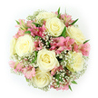 This overhead photograph reveals a meticulously crafted, round bouquet resting against a spotless white background, as if just set down on a counter in a New Barnet flower shop. At its heart, around eight large roses in creamy white and soft ivory are fully open, each bloom forming a perfect spiral of velvety petals. The light falls gently across them, emphasizing their plush texture and the quiet glow at their centres. Interlaced among the roses are abundant clusters of pink alstroemeria; their petals are a tender pastel pink, finely streaked with deeper rosy lines and faint hints of peach or soft red toward the centre, giving each floret a lively, almost painterly expression. The alstroemeria bring a playful brightness that feels like the first blossoms of spring along the streets leading toward Oakhill Park.   

Surrounding and cushioning every bloom is a generous mass of baby's breath, its tiny white flowers forming a delicate, cloud-like border that softens the overall silhouette. This Gypsophila creates an illusion of lace floating between the main flowers, adding lightness and an ethereal mood. Pockets of deep green foliage emerge beneath the blooms, their cool tones offering structure and a freshly picked-from-the-garden finish. The bouquet is composed into a perfectly round, symmetrical design, showcasing the florist's practiced hand and attention to balance. The colour palette of ivory, blush pink, and white feels romantic and soothing, ideal for weddings, bridal showers, anniversaries, or quiet gestures of support. Imagined in a home off East Barnet Road or near Victoria Park, this arrangement would bring a sense of gentle refinement and heartfelt warmth, as though the season's best flowers have gathered for a private celebration.