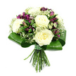 Captured against a spotless white background, this hand-tied bouquet looks as if it has just been lifted from a New Barnet flower bench, every stem thoughtfully placed. The central focus is a cluster of large, fully open roses in shades of soft white and pale cream, their many petals unfolding in luminous spirals that evoke luxury and calm. Interlaced with these classic roses are deep purple alstroemeria, some already open to show off their freckled, trumpet-shaped blooms, others still held in sleek buds that add height and subtle drama. Delicate sprays of white baby's breath drift between the larger flowers, their countless tiny blossoms forming a gauzy veil that lends lightness and romance, much like the gentle atmosphere of an early morning stroll around New Barnet's green residential streets. To enrich the texture, small, spiky filler flowers in green and whitish tones-suggestive of Astrantia or thistle-peek through the composition, introducing a refined, slightly wild note without disturbing its polished elegance. Encircling the flower heads is a structured collar of wide, dark green, glossy leaves, carefully folded and wrapped to create a smooth, architectural frame that contrasts beautifully with the softness of the petals. Below this leafy band, the stems are uniformly trimmed, aligned, and securely bound with a green and white checked ribbon, adding a subtle country-chic finish. The bouquet conveys purity, poise, and understated sophistication, ideal for marking milestones, sending sympathy, or offering congratulations to loved ones across New Barnet and nearby areas.