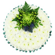 A round funeral cushion arrangement is captured from a bird's-eye perspective, the entire design resting against a pure white background that mirrors the stillness of a chapel or quiet room in New Barnet. The main body of the tribute is formed from countless white chrysanthemums, each bloom tightly placed so their petals overlap and blend into a soft, continuous surface. Their fine, layered petals create a velvety texture, while small green-tinted centres bring a whisper of colour, suggesting life and hope amid grief. Around the perimeter, a rich emerald green satin ribbon is pleated into a delicate scalloped edge, its smooth, reflective surface crisply framing the cushion and giving it a polished, traditional finish, the sort often requested for funerals in the New Barnet area. At the upper centre of the cushion sits a carefully crafted cluster of green and blue-toned flowers and foliage. A vibrant lime-green spider chrysanthemum forms the core, its long, slender petals splaying out in every direction like fine, curling strands of silk. Surrounding it, rounded apple-green Hypericum berries nestle among dark glossy leaves and graceful fern fronds, creating a lush, textural contrast against the white base. Tucked gently within this verdant centre are two Scottish thistles, their spherical, spiky heads shaded in deep indigo and muted violet. These distinctive blooms introduce a strong architectural shape and often carry symbolic meaning for families with Scottish ties in and around New Barnet. The overall impression is of a cool, composed, and dignified memorial tribute, an arrangement that offers quiet comfort and respectful beauty at a final farewell.