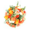Captured from a clean overhead angle against a bright white background, this hand-tied bouquet appears full, rounded, and wonderfully abundant, like a glowing pool of sunshine-coloured blooms. Rich roses dominate the arrangement, their petals unfurling in tight, sculptural spirals that transition from deep, almost coppery orange in the centres to warm golden yellow and tangerine at the outer edges. Between these statement roses, softly frilled carnations in varying shades of peach and vibrant mandarin orange create a plush, textured layer, adding both depth and a gentle softness to the design. Scattered throughout, gerbera daisies contribute their characteristic flat, daisy-like faces in mellow peach and light orange, some with subtle pinkish hearts that lend a playful, romantic touch. Tiny white and pale green filler flowers nestle between the larger heads, introducing an airy lightness and intricate detail, so the whole bouquet feels rhythmically composed rather than crowded. Surrounding this warm palette, rounded eucalyptus leaves in silvery green mix with other fresh green foliage, giving a cool, calm frame that balances the fiery hues and evokes the fresh, leafy scent you might notice wandering through the gardens and side streets around New Barnet. Bright, even lighting makes each bloom appear vivid and three-dimensional against the white ground, drawing the eye into the bouquet's layered textures and rich colours. The overall impression is one of joy, optimism, and celebration, as if the flowers were chosen to bring a radiant lift to a birthday table, a get-well wish, or a surprise doorstep delivery for someone special in New Barnet.