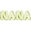 A tactile, gently whimsical spelling of the name NANA rendered in a pale, soft green that feels fresh as new spring leaves. Each capital letter reads like a small sculptural vine, formed from countless tiny, rounded, bumpy segments that cluster together into an almost pearled surface - imagine the inside of a cucumber or a string of small green beads, each segment catching a soft, diffused light. The overall colour sits between lime and chartreuse, cool and reassuring rather than bright, and the surface texture suggests an organic, edible quality: plump, dewy, and slightly satiny to the eye. The letters stand out cleanly against a stark white background, their three-dimensional contours and subtle shadows giving a sense of depth and gentle buoyancy. The arrangement conveys warmth and nurturing; its natural, almost culinary aesthetic evokes memories of home cooking, gardens, and the comforting presence of a beloved grandmother. There is an understated scent of fresh foliage - green, herbaceous, faintly sweet - and the craftsmanship is precise, each cluster aligned to form readable, comforting characters. This piece would sit naturally at a celebration of life, a garden-style memorial, or a family gathering where memories of tending soil and sharing food are central. Locally, this design feels at home among the small, family-run cafés and produce stalls near New Barnet Station and the green spaces around Oakleigh Park, bringing an earthy, nourishing calm to the room. The careful lighting highlights the gentle hollows between clusters, reinforcing a sense of tender, hands-on making and a quietly joyful tribute to a cherished NANA.