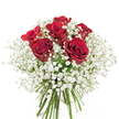 There is an understated poetry in this New Barnet bouquet: Six velvety red roses, their every petal steeped in deep crimson hues, blossom at the heart of a cloud of misty white gypsophila, set atop a neat bundle of lush, green stems. The roses' blooms are bold, sensory, and near full-open, their fragrance subtle but evocative, calling to mind strolls through neighborhood gardens after spring rain. The gypsophila whispers softness into the composition, each small flower resembling a snowflake poised delicately atop the roses' dramatic depth. Bathed in gentle, diffuse light against the purest white background, the arrangement's colors and forms appear crisp, vivid, and almost timeless-a visual harmony as balanced as the familiar avenues of New Barnet itself. The overall effect is one of romance and sincerity: this bouquet, perfect for everything from an anniversary to a simple surprise, radiates refined emotion and warmth, embodying the thoughtful care and artistry that defines fine local floristry.