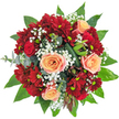 Bathed in soft, natural daylight on a crisp white background, this New Barnet bouquet radiates refinement and heartfelt joy. Central peach-apricot roses, their petals exquisitely layered and tinged with subtle pink, unfold gracefully amid deep red roses and velvety chrysanthemums, creating a lively conversation between warmth and passion. Airy sprays of white gypsophila hover amongst the denser blooms, suggestive of delicate clouds drifting in a North London sky, while the surrounding foliage-broad and dark, with mirrors of local garden leaves and silver-tipped eucalyptus-grounds the arrangement in freshness. Sleek, deep green leaves are cleverly folded, casting shadows and highlights that enhance the bouquet's sculpted dome shape, while hidden seed pods lend a touch of mystery and texture. Assembled by seasoned New Barnet florists, each stem is chosen to evoke both tenderness and celebration-suitable for birthdays, anniversaries, or simply delivering a little light and fragrance to a home near Oakleigh Park. You can almost sense the smile such a bouquet would bring, its colours and textures woven together in a celebration of local artistry, freshness, and affection.