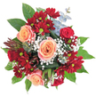 This elegant bouquet, created for New Barnet homes and gatherings, captures a feeling of joyful contrast and unified harmony. At its heart, the soft spiral of peach roses radiates warmth and affection, cradled by generous clusters of deep red and burgundy chrysanthemums that pulse with vibrant energy. Light dances over pops of bright green centers, making each bloom come alive, much like the lively spirit of New Barnet's town center. Throughout the arrangement, tiny white baby's breath adds a gentle, airy lift-its cloudlike accents scattering soft highlights as the bouquet sits in morning light by a window on Belmont Avenue. Cool sprigs of silvery eucalyptus weave their way in, offering both a subtle herbal aroma and a refreshing hint of blue-green colour. Along the left, an exotic, spiky element in warm reddish-brown provides bold texture, reminiscent of wildflowers gathered from the edges of Oakhill Park. The overall form is lush, rounded, and thoughtfully crafted, wrapped in layers of glossy green foliage that support each bright detail. Perfect for a birthday, a romantic gesture, or to bring cheer to New Barnet's local celebrations, the bouquet's palette of peaches, reds, crisp whites, and greens radiates optimism and heartfelt care. Every stem is chosen for its beauty and freshness-a garden's promise brought straight to your door, woven with the artistry of New Barnet's best florists.