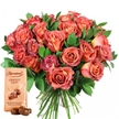 Arranged with local finesse, this vibrant gift set spotlights a joyous blend of New Barnet's signature style-a lush, full bouquet overflowing with roses in shades of coral, peach, and rosy pink with subtle ombre highlights. Each bloom, expertly selected and hand-tied, reveals petals that fade gracefully from creamy or apricot centers out through sun-kissed salmon to rich, wine-tinged edges. Their velvet textures and luminous hues are tenderly framed by deep green leaves, echoing the abundant foliage that thrives in New Barnet's parks and gardens. Resting nearby, and carefully positioned to complement the floral artistry, a light beige pouch of Thorntons Orange Crisp chocolates stands upright, offering a delectable accent. The eye is drawn to the bold Thorntons signature and the elegant depiction of chocolate truffles, reinforced by two real, glossy milk chocolate truffles positioned invitingly to the fore. The soft lighting and minimalist background ensure the focus remains on the vibrant bouquet and the promise of a sweet treat-evoking moments of celebration and connection, whether marking Mother's Day, a special anniversary, or a cherished birthday, all delivered with the warmth and personal touch New Barnet is known for.
