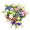 A vision of abundant beauty crafted in New Barnet, this hand-tied bouquet is an ode to soft romance and tactile variety. Lush, multi-petaled hydrangeas in shades of deep indigo, teal, and muted violet form a vibrant tapestry at the core, enveloped by spirals of lilac and creamy white roses that exude fresh elegance. Nestled closely, full white ranunculus add gentle density, while pale yellow eustoma buds and blooms emerge with an airy, uplifting quality reminiscent of springtime strolls near Monken Hadley Common. Energetic splashes of fuchsia and blush pink filler flowers, together with feathery astilbe, bring lightness and whimsy to the ensemble. Light green and white, lace-like sprigs wind between the blooms, adding intricate softness and a sense of meadow harmony. Deep green foliage provides a verdant canvas that lets each flower sing. The bouquet's base is neatly wrapped in a wide, lustrous purple satin ribbon, tying together its cool palette with refined charm. Evoking happiness, heartfelt admiration, or quiet celebration, this bouquet captures the unique spirit of New Barnet, inviting joy and serenity into every home or gathering.