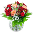 This bouquet captures the embrace of romance and comfort that New Barnet is famous for-a blend of vivid reds, gentle creams, and soft whites as radiant as a dawn stroll past Victoria Park. Bold crimson chrysanthemums and resplendent ruby roses cluster tightly around velvety apricot roses, their petals curling outwards like warm, inviting smiles. Wispy clouds of gypsophila weave throughout, imparting a delicate mistiness that creates a soft counterpoint to the rich blooms. Broad green leaves frame the composition beautifully, their glossy surfaces catching ambient light, much like sunlight filtering through leafy canopies on a quiet local street. Resting in a rounded glass vase with stems visible, the arrangement projects a sense of openness, sincerity, and freshness-qualities cherished in every New Barnet home. A subtle, sweet fragrance lingers, mingling with hints of earthy green, evoking the reassurance of early summer gardens nearby. Carefully arranged by experienced local florists, this bouquet is the perfect way to mark a special anniversary, declare your feelings, or simply remind someone in New Barnet how much they're treasured, with each bloom whispering a unique story of love and care.