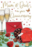 This illustrated anniversary card presents a romantic still life that feels perfectly at home in New Barnet, conjuring the warmth of a family celebration. In the foreground, two sumptuous red roses lie gracefully across a tabletop, their petals full, velvety, and richly shaded, surrounded by smooth, deep-green leaves that echo the freshness of a hand-tied bouquet. Just to the side, an open, heart-shaped chocolate box steals the eye, its crimson shell and sweeping satin bow drawn with careful attention to texture. Inside the box, individual chocolates are nestled in tidy rows, some with rounded tops, others more angular, each suggesting a different taste to be shared between a devoted couple. Slightly behind this indulgent centrepiece, two tall champagne flutes stand together, filled with pale, sparkling wine. Fine streams of golden bubbles rise inside the glass, catching the light in a way that suggests movement and the promise of an imminent toast-perhaps after a celebratory dinner in a quiet New Barnet dining room. Around this central trio of roses, chocolates, and champagne, tiny golden and red hearts drift across a soft-toned background, framing a handwritten dedication to Mum & Dad that feels both affectionate and timeless. A bold, scarlet envelope rests near the bottom edge of the composition, closed and inviting, hinting at loving words waiting to be read. The overall lighting is gentle and warm, bringing out the gloss of the chocolate, the clarity of the glass, and the plushness of the petals, creating an ambiance of cosy elegance and deep appreciation for parents' enduring love in New Barnet.