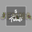 This image shows a dignified five-letter floral letter tribute, crafted for a funeral or memorial service and laid out horizontally on a soft, light grey surface that evokes the calm of a chapel interior in New Barnet. Each letter, forming part of what appears to be the name JOHN with an additional A, is built on a sturdy frame but visually softened by a generous covering of fresh white chrysanthemums or carnations. These small, full blooms are packed closely together, their rounded petals overlapping to create a smooth, cushion-like texture that feels both pure and comforting. Encasing each letter is a border of deep purple satin ribbon, carefully pleated along the contours, adding a graceful edge and a touch of regal colour that contrasts beautifully with the clean white flowers. At selected points along the letters, petite groupings of pale pink and lilac spray roses rest among sprigs of feathery green fern and other foliage, like tiny hand-tied posies laid lovingly on the tribute. These accents introduce gentle colour and hint at the soft fragrance of roses you might encounter in a quiet garden off East Barnet Road. A central, semi-transparent grey square overlay, slightly darker than the background and outlined in white, bears the inscription 5 LETTER in a clear, modern font above the word Tribute in elegant script. This written element clarifies that the design can be customised to any five-letter name or word for families across New Barnet and the surrounding area. The mood conveyed is one of tender remembrance, personal affection, and respectful elegance, with every petal carefully placed to honour a cherished life.