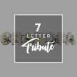 The photograph is composed with a quiet, respectful elegance, dominated by a central dark grey square set against a softer grey background, the two tones separated by a fine white border that gives the design a framed, finished feel. Inside this square, crisp white text describes the floral piece: a prominent 7 sits at the top, LETTER appears in a neat, smaller sans-serif font beneath it, and the word Tribute is written in a graceful, flowing script, suggesting something tailored and heartfelt. Partially visible behind this graphic, like a gentle reveal, is a floral word arrangement spelling GRANDMA. Each individual letter is sculpted from tight clusters of white chrysanthemums, their small, rounded petals forming a dense, velvety surface that looks soft to the touch and symbolises purity and remembrance. The letters are thick and clearly defined, ideal for reading the name from across a chapel or crematorium hall. Interwoven among the white flowers are thoughtfully placed accents of deep purple blooms, possibly lisianthus or petite roses, paired with sprigs of fresh green foliage. These touches of colour trace along the bases and edges of the letters, adding rhythm and dimension without disturbing the clarity of the word. The interplay of white, purple, and green gives the tribute a gentle richness, suitable for a dignified funeral service. It feels like the kind of bespoke seven-letter arrangement New Barnet families might choose when they want GRANDMA to appear in flowers as the focal point of a final farewell, created by local florists familiar with the area's quiet churches and crematoria and the sensitivity such occasions require.
